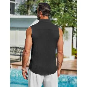 COOFANDY Men's Tank Top Summer Knit Sleeveless Shirts Black Button Up Tank Beach Textured Shirt X-Large