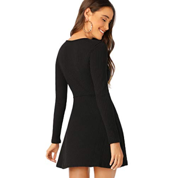 Stylish Long Sleeve Ribbed Skater Dress for Women
