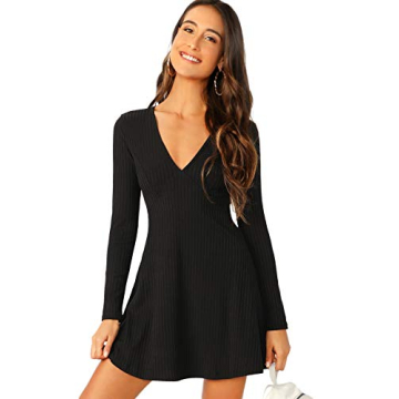 Stylish Long Sleeve Ribbed Skater Dress for Women