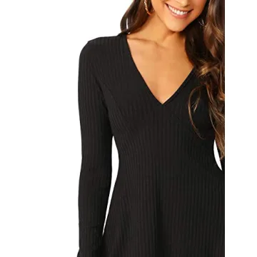 Stylish Long Sleeve Ribbed Skater Dress for Women