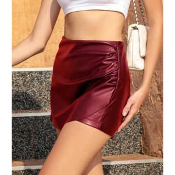 Amozing Women's Faux Leather Shorts High Waist Wine Red