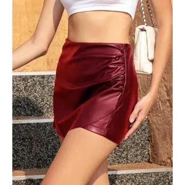 Amozing Women's Faux Leather Shorts High Waist Wine Red