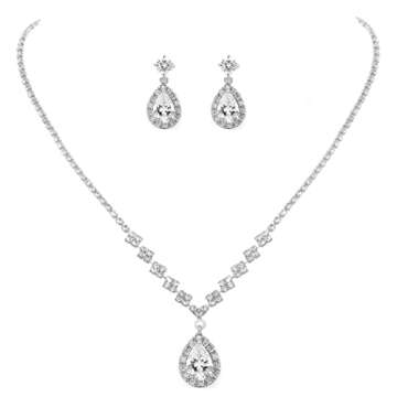 Unicra Bride Crystal Necklace Earrings Set Bridal Wedding Jewelry Sets Rhinestone Choker Necklace Prom Costume Jewelry Set for Women and Brides (A-Silver)