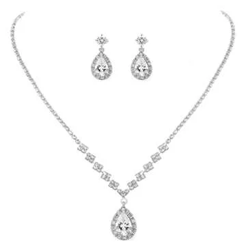 Unicra Bride Crystal Necklace Earrings Set Bridal Wedding Jewelry Sets Rhinestone Choker Necklace Prom Costume Jewelry Set for Women and Brides (A-Silver)