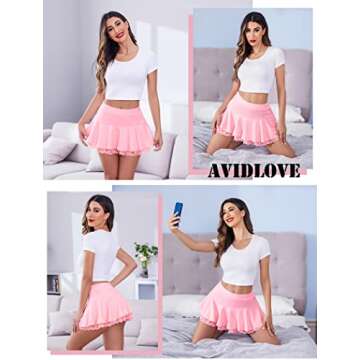 Avidlove Women Ruffle Mini Skirt Pleated Lace Short Skirts for Schoolgirl(Dark Pink,S)