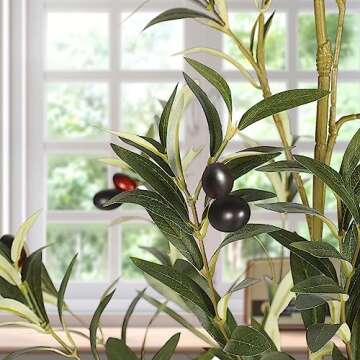 Feelead Faux Olive Tree 6ft | Olive Trees Artificial Indoor with Realistic Leaves and Fruits | 6 Feet Fake Olive Tree with Unique Artistic Styling for Home Office Decor