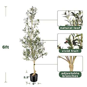 Feelead Faux Olive Tree 6ft | Olive Trees Artificial Indoor with Realistic Leaves and Fruits | 6 Feet Fake Olive Tree with Unique Artistic Styling for Home Office Decor