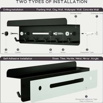 Eanilnaz Key Holder, Steel Wall Mount Key Rack with 6 Hooks & Shelf, Lightweight, Rust Resistant, Adjustable Easy Install, for Bedroom, Kitchen, Garage, Entryway, Offices, Bathroom, Living Room