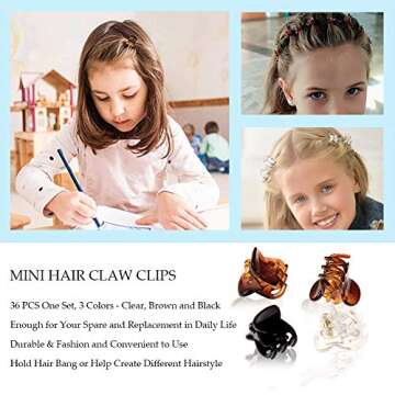 36 PCS Small Hair Claw Clips for Women, 0.6 inch Mini Plastic Hair Jaw Clip Claw for Hair Style Girls Gifts (Black/Clear/Brown)