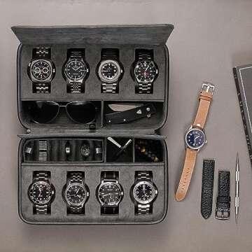 ROTHWELL 8 Watch Travel Case Storage Organizer for 8 Watches, 2 Pairs of Sunglasses, Rings & Cufflin...