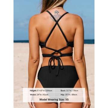 CUPSHE Bikini Set for Women Two Piece Swimsuits Triangle Top Mid Rise Crisscross Back Tie Cutout Spaghetti Straps, M Black