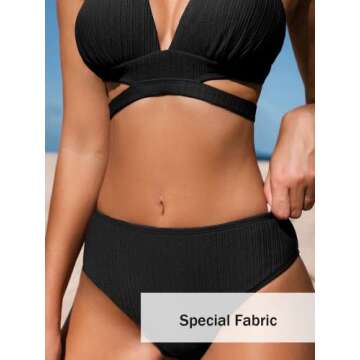 CUPSHE Bikini Set for Women Two Piece Swimsuits Triangle Top Mid Rise Crisscross Back Tie Cutout Spaghetti Straps, M Black