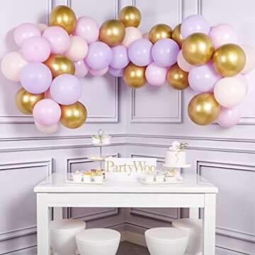 PartyWoo Purple Pink Gold Balloons, 60 pcs 12 Inch Purple Balloons, Light Pink Balloons, Gold Metall...
