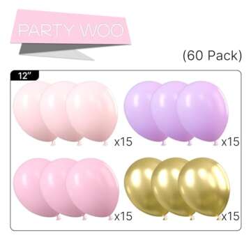 PartyWoo Purple Pink Gold Balloons, 60 pcs 12 Inch Purple Balloons, Light Pink Balloons, Gold Metallic Balloons and Pink Balloons, Purple Pink Balloons for Princess Birthday Party, Purple Baby Shower