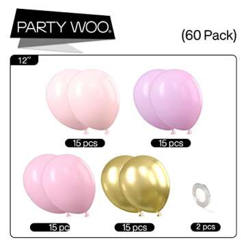 PartyWoo Purple Pink Gold Balloons, 60 pcs 12 Inch Purple Balloons, Light Pink Balloons, Gold Metallic Balloons and Pink Balloons, Purple Pink Balloons for Princess Birthday Party, Purple Baby Shower