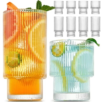 Gencywe 8 Pack Drinking Glasses - Elegant Ribbed Glassware Set