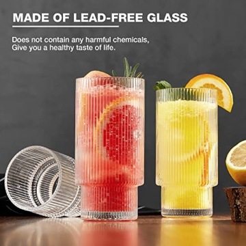 Gencywe 8 Pack Drinking Glasses - Elegant Ribbed Glassware Set