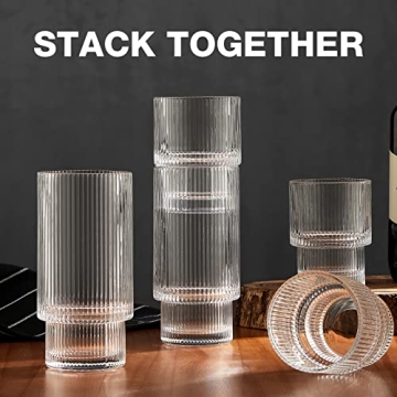 Gencywe 8 Pack Drinking Glasses - Elegant Ribbed Glassware Set