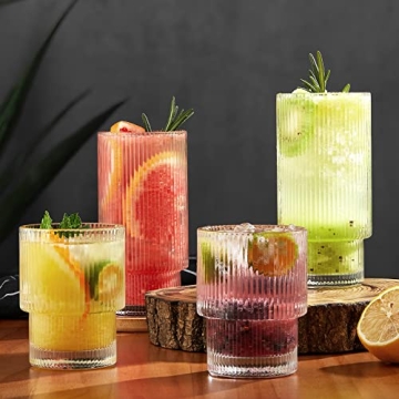 Gencywe 8 Pack Drinking Glasses - Elegant Ribbed Glassware Set