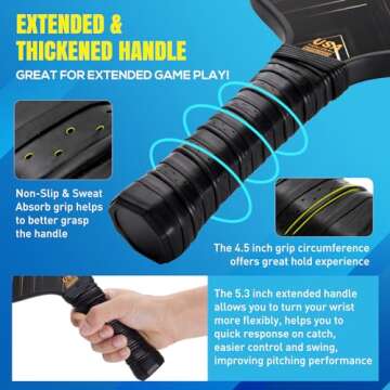 GETFUN 14mm Core Carbon Fiber Pickleball Paddles Set of 2 - USAPA Approved - Extended & Thickened Handle - 4 Outdoor Pickleballs, 2 Wristbands, Carry Bag - Better Ball Control & Spin - Yellow