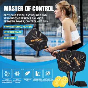 GETFUN 14mm Core Carbon Fiber Pickleball Paddles Set of 2 - USAPA Approved - Extended & Thickened Handle - 4 Outdoor Pickleballs, 2 Wristbands, Carry Bag - Better Ball Control & Spin - Yellow