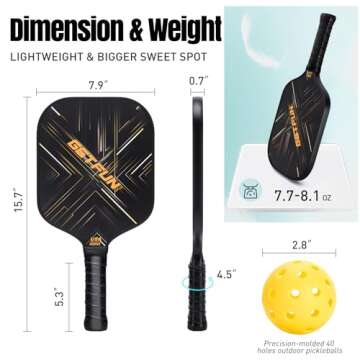 GETFUN 14mm Core Carbon Fiber Pickleball Paddles Set of 2 - USAPA Approved - Extended & Thickened Handle - 4 Outdoor Pickleballs, 2 Wristbands, Carry Bag - Better Ball Control & Spin - Yellow