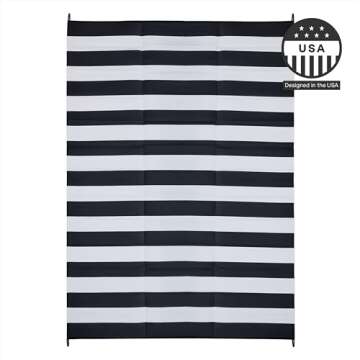 FH Home Outdoor Camping Rug - Waterproof, Fade Resistant, Reversible - Premium Recycled Plastic - Striped - Large Patio, Deck, Sunroom, RV - Brittany Stripe - Black & White - 9 x 18 ft Foldable