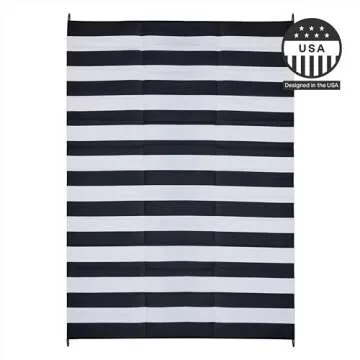 FH Home Outdoor Camping Rug - Waterproof, Fade Resistant, Reversible - Premium Recycled Plastic - Striped - Large Patio, Deck, Sunroom, RV - Brittany Stripe - Black & White - 9 x 18 ft Foldable