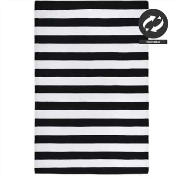FH Home Outdoor Camping Rug - Waterproof, Fade Resistant, Reversible - Premium Recycled Plastic - Striped - Large Patio, Deck, Sunroom, RV - Brittany Stripe - Black & White - 9 x 18 ft Foldable