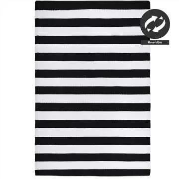 FH Home Outdoor Camping Rug - Waterproof, Fade Resistant, Reversible - Premium Recycled Plastic - Striped - Large Patio, Deck, Sunroom, RV - Brittany Stripe - Black & White - 9 x 18 ft Foldable