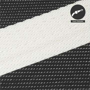 FH Home Outdoor Camping Rug - Waterproof, Fade Resistant, Reversible - Premium Recycled Plastic - Striped - Large Patio, Deck, Sunroom, RV - Brittany Stripe - Black & White - 9 x 18 ft Foldable