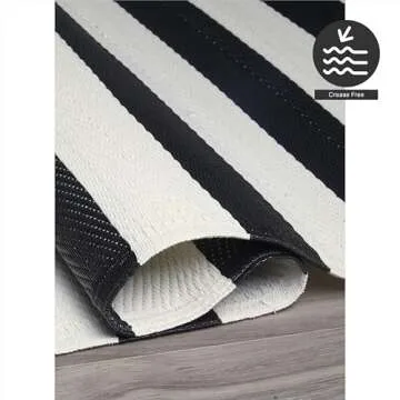 FH Home Outdoor Camping Rug - Waterproof, Fade Resistant, Reversible - Premium Recycled Plastic - Striped - Large Patio, Deck, Sunroom, RV - Brittany Stripe - Black & White - 9 x 18 ft Foldable