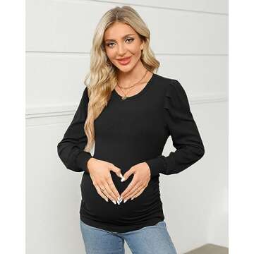 Onedreamer Women's Maternity Shirts Puff Sleeve Round Neck Tunic Top Casual Pregnancy Clothes
