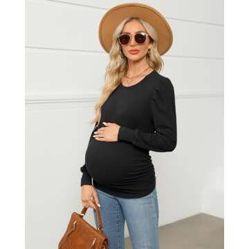 Onedreamer Women's Maternity Shirts Puff Sleeve Round Neck Tunic Top Casual Pregnancy Clothes