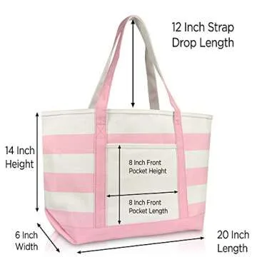 DALIX Flamingo Striped Canvas Tote Bag Premium Cotton in Pink