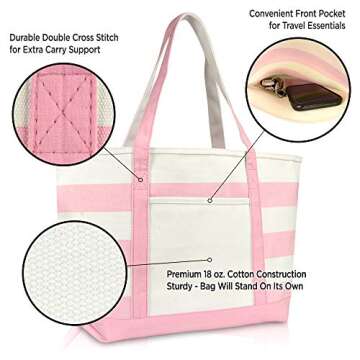 DALIX Flamingo Striped Canvas Tote Bag Premium Cotton in Pink