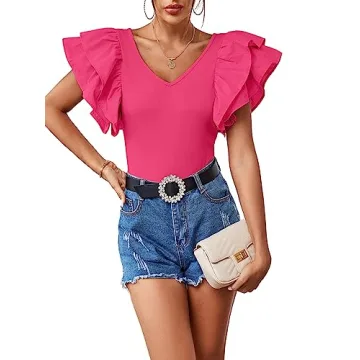 Vrtige Women's V Neck Ruffle Cap Sleeve Summer Blouse Top Shirt Rose Large