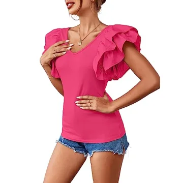 Vrtige Women's Stylish V Neck Ruffle Cap Sleeve Blouse
