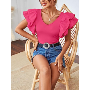 Vrtige Women's Stylish V Neck Ruffle Cap Sleeve Blouse