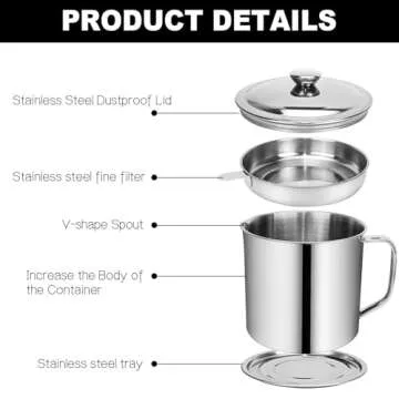 Bacon Grease Container,Kitchen Oil Container Can with Strainer and Anti-slip coaster tray for Store Meat Frying Oil and Cooking Grease Storage