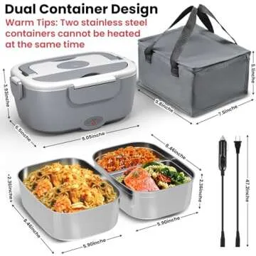 Electric Lunch Box Food Heater for Work, 80 W Food Warmer for Car Truck Travel with 2 Stainless Steel Containers 1.5 Liters Potable Self Heating lunch Box for Adults lonchera eléctrica portátil
