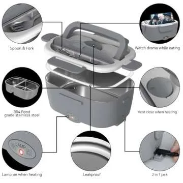Electric Lunch Box Food Heater for Work, 80 W Food Warmer for Car Truck Travel with 2 Stainless Steel Containers 1.5 Liters Potable Self Heating lunch Box for Adults lonchera eléctrica portátil