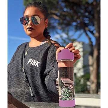 Lifestyle Products, Glass Water Bottle, Natural Amethyst and Quartz Crystals, Includes Protective Neoprene Sleeve - Wellness
