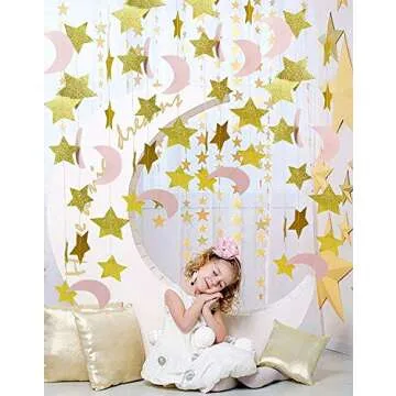 Moon and Stars Garland 2PCS Glitter Gold Twinkle Stars Pink Crescent Paper Garlands Hanging Decorati...