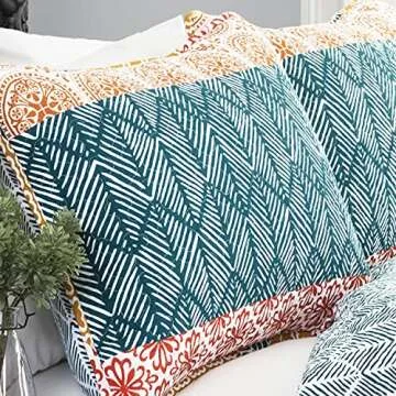Lush Decor Bohemian Stripe Reversible Cotton Quilt Set, 3 Piece Set, Full/ Queen, Turquoise & Orange - Boho Bedding Set - Bold & Colorful - Striped Quilt - Maximalist & Boho Bedroom Decor