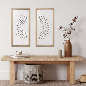 flangairy Boho Sun Wall Art, 21x10 inch Wooden Sunshine Framed Wall Decor Artwork, Living Room Bedroom Bathroom Nursery Office Black White Rustic Home Decorations