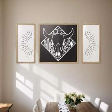 flangairy Boho Sun Wall Art, 21x10 inch Wooden Sunshine Framed Wall Decor Artwork, Living Room Bedroom Bathroom Nursery Office Black White Rustic Home Decorations