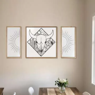 flangairy Boho Sun Wall Art, 21x10 inch Wooden Sunshine Framed Wall Decor Artwork, Living Room Bedroom Bathroom Nursery Office Black White Rustic Home Decorations