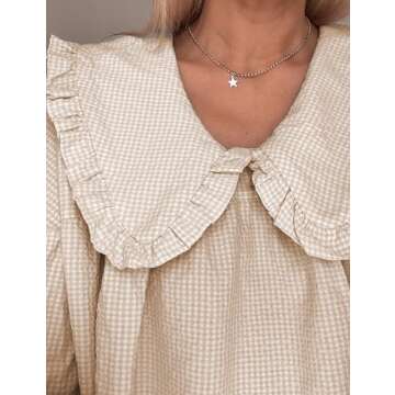 Ynhonra 2024 Women's Babydoll 3/4 Puff Sleeve Plaid Mini Dress Lapel Doll Collar Loose Y2k Dress(Khaki-XL)