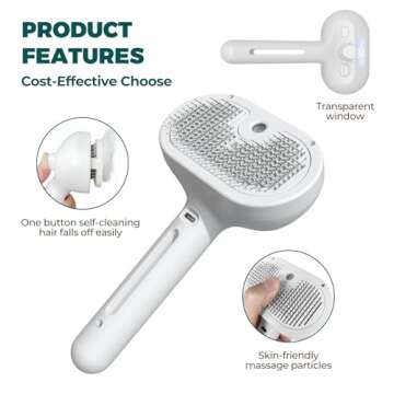 Tiny Hugs 4-in-1 Grooming Tool: Self-Cleaning Brush for Detangling Pet Fur, Steam Feature, and Bath ...